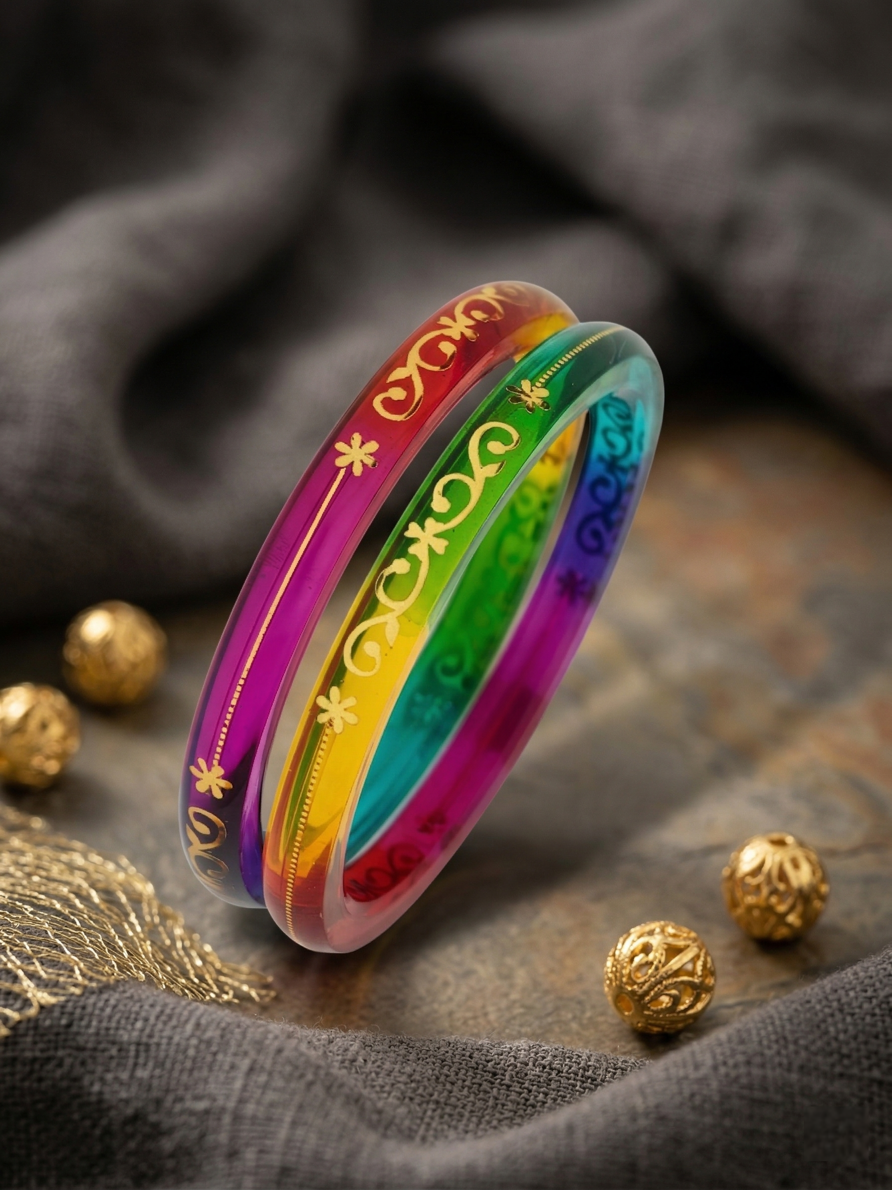 22kt (916) Yellow Gold Handmade Transparent Rainbow Multicolor Pola Bangles Flower Design for Women with Purity Certificate (Set of 2pcs)