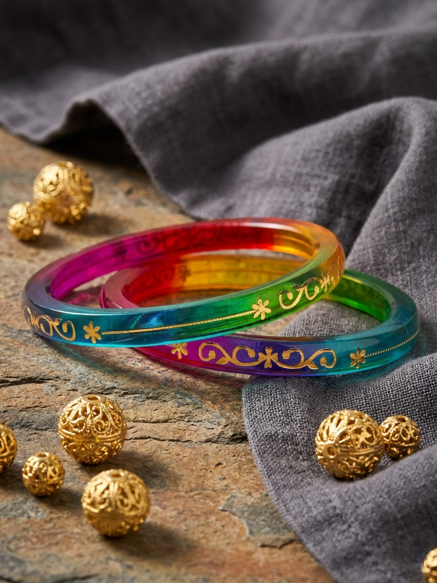 22kt (916) Yellow Gold Handmade Transparent Rainbow Multicolor Pola Bangles Flower Design for Women with Purity Certificate (Set of 2pcs)