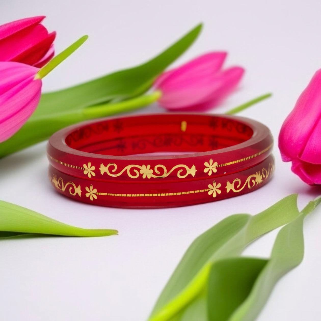 22kt (916) Yellow Gold Handmade Transparent Red Pola Bangles Flower Design for Women with Purity Certificate (Set of 2pcs)