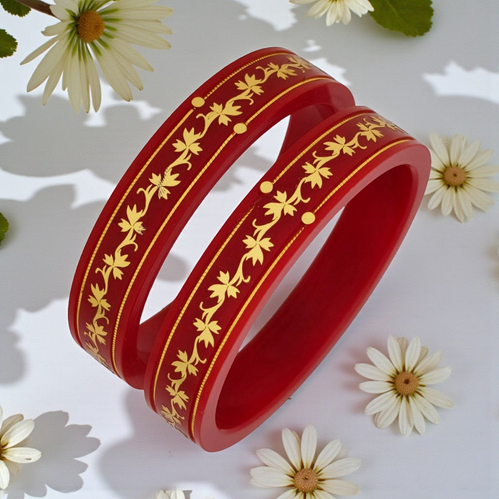22kt (916) Yellow Gold Handmade Red Pola Bangles Flower Design for Women with Purity Certificate (Set of 2pcs)