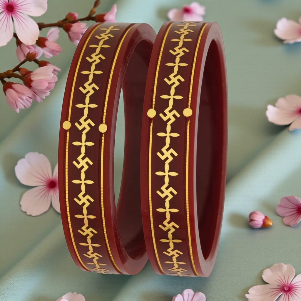 22kt (916) Yellow Gold Handmade Maroon Pola Bangles Flower Design for Women with Purity Certificate ((Maroon Mono Swastik,Set of 2pcs)