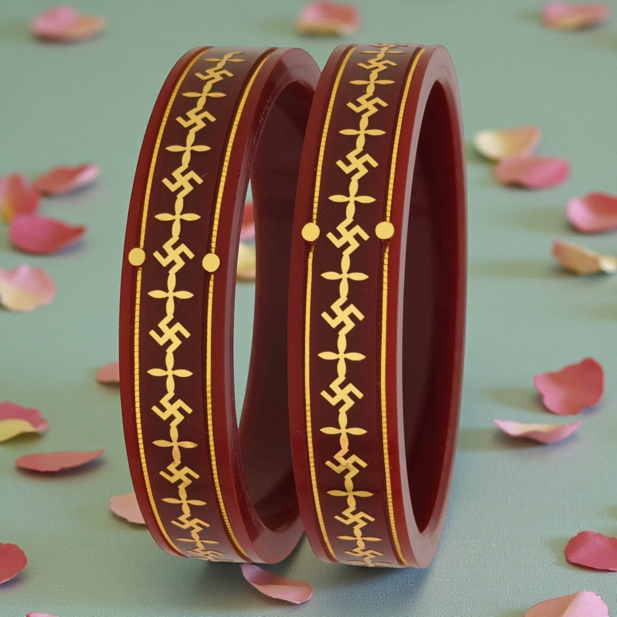 22kt (916) Yellow Gold Handmade Maroon Pola Bangles Flower Design for Women with Purity Certificate ((Maroon Mono Swastik,Set of 2pcs)