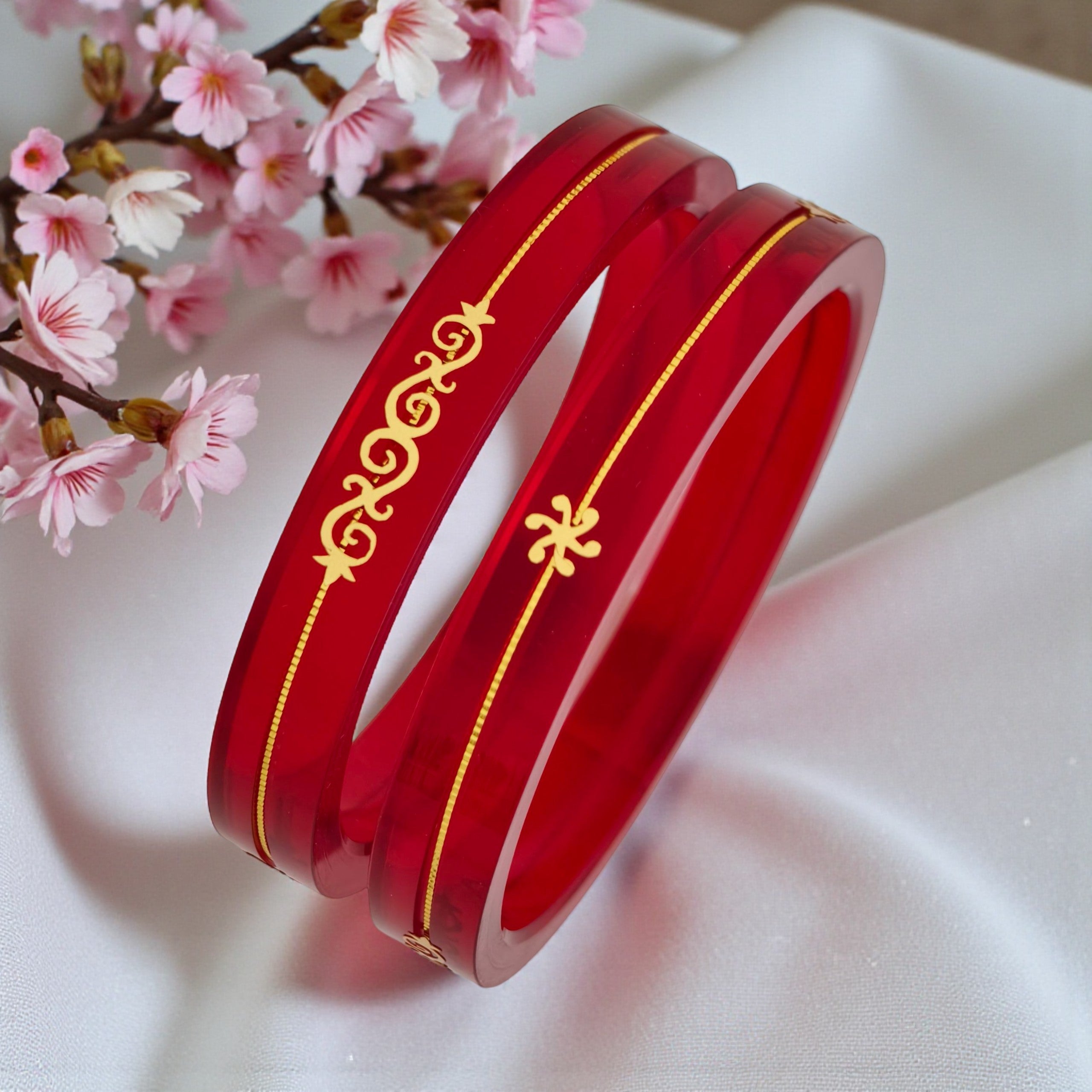 22kt (916) Yellow Gold Handmade Red Pola Bangles Flower Design for Women with Gold Purity Certificate