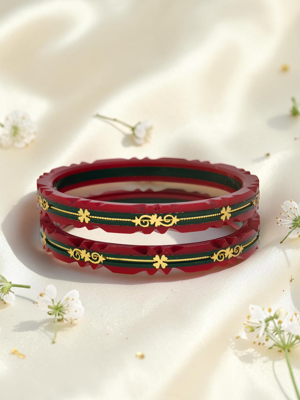 22kt (916) Yellow Gold Handmade Pola Bangles Red and Green Colour|Chooda|Churas for Women with Purity Certificate