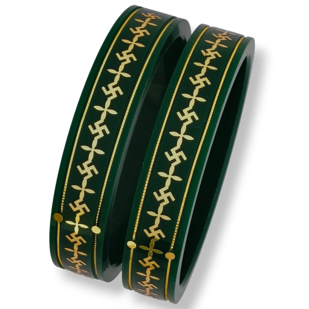 22kt (916) Yellow Gold Handmade Green Pola Bangles Flower Design for Women with Purity Certificate ((Green Mono Swastik,Set of 2pcs)
