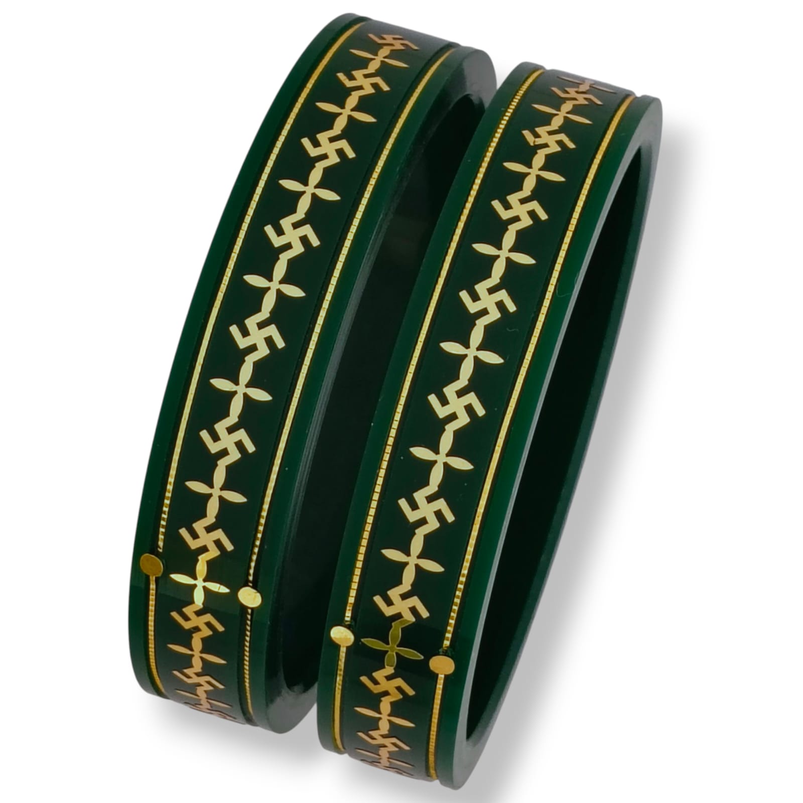 22kt (916) Yellow Gold Handmade Green Pola Bangles Flower Design for Women with Purity Certificate ((Green Mono Swastik,Set of 2pcs)