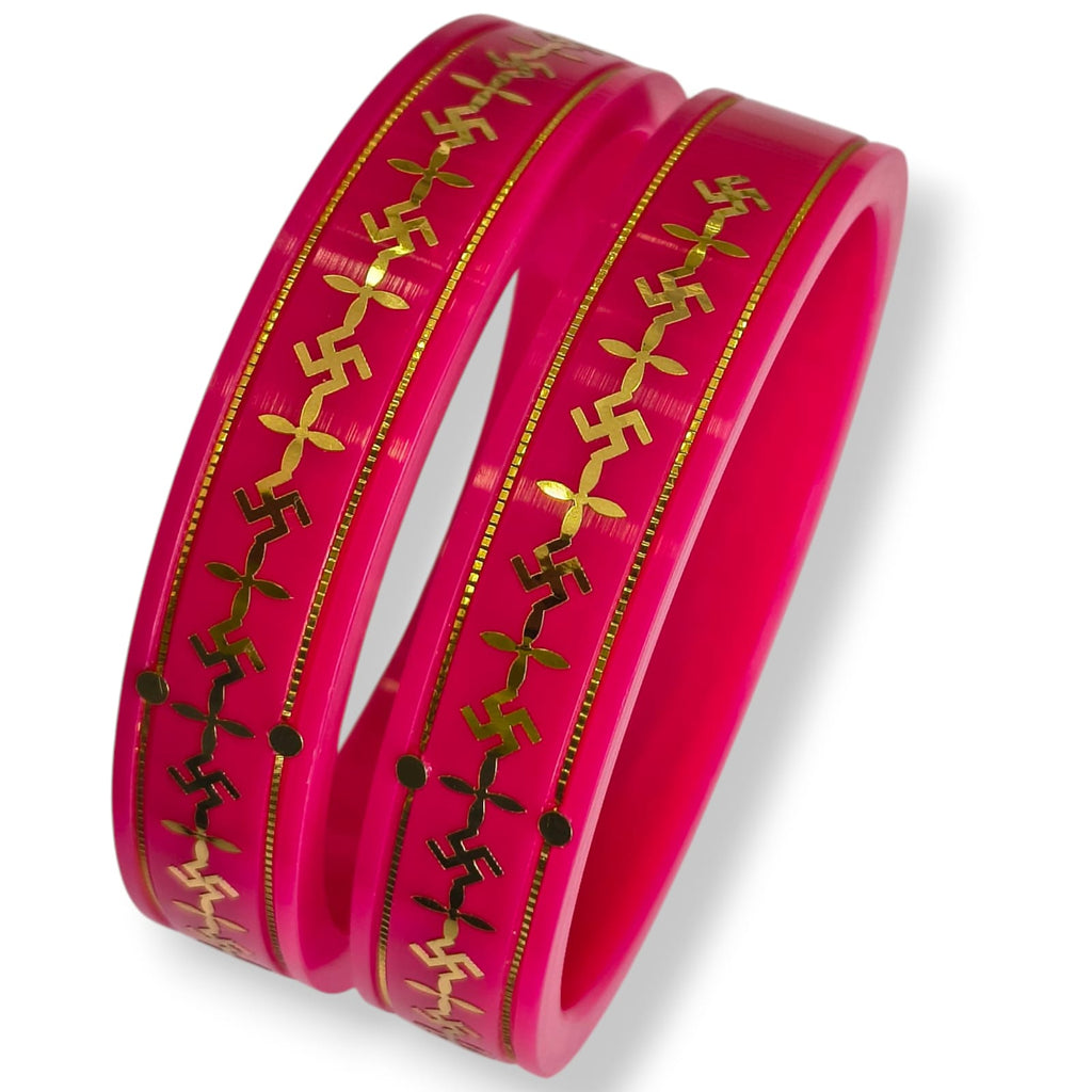 22kt (916) Yellow Gold Handmade Pink Pola Bangles Flower Design for Women with Purity Certificate ((Pink Mono Swastik,Set of 2pcs)