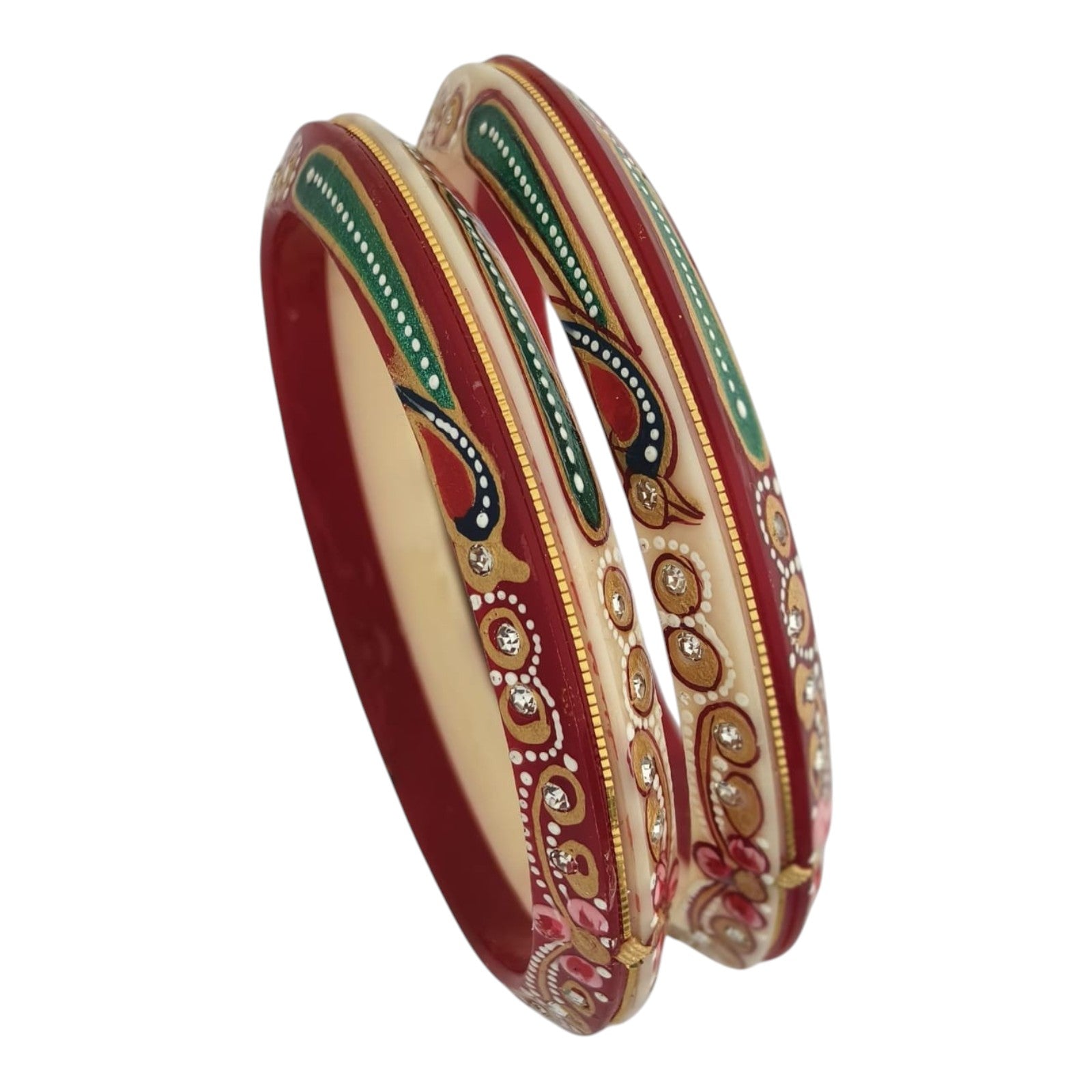 22kt (916) Yellow Gold Handmade Jodhpuri Printed Red And Cream Pola Bangles Flower Design for Women with Purity Certificate (Set of 2pcs)