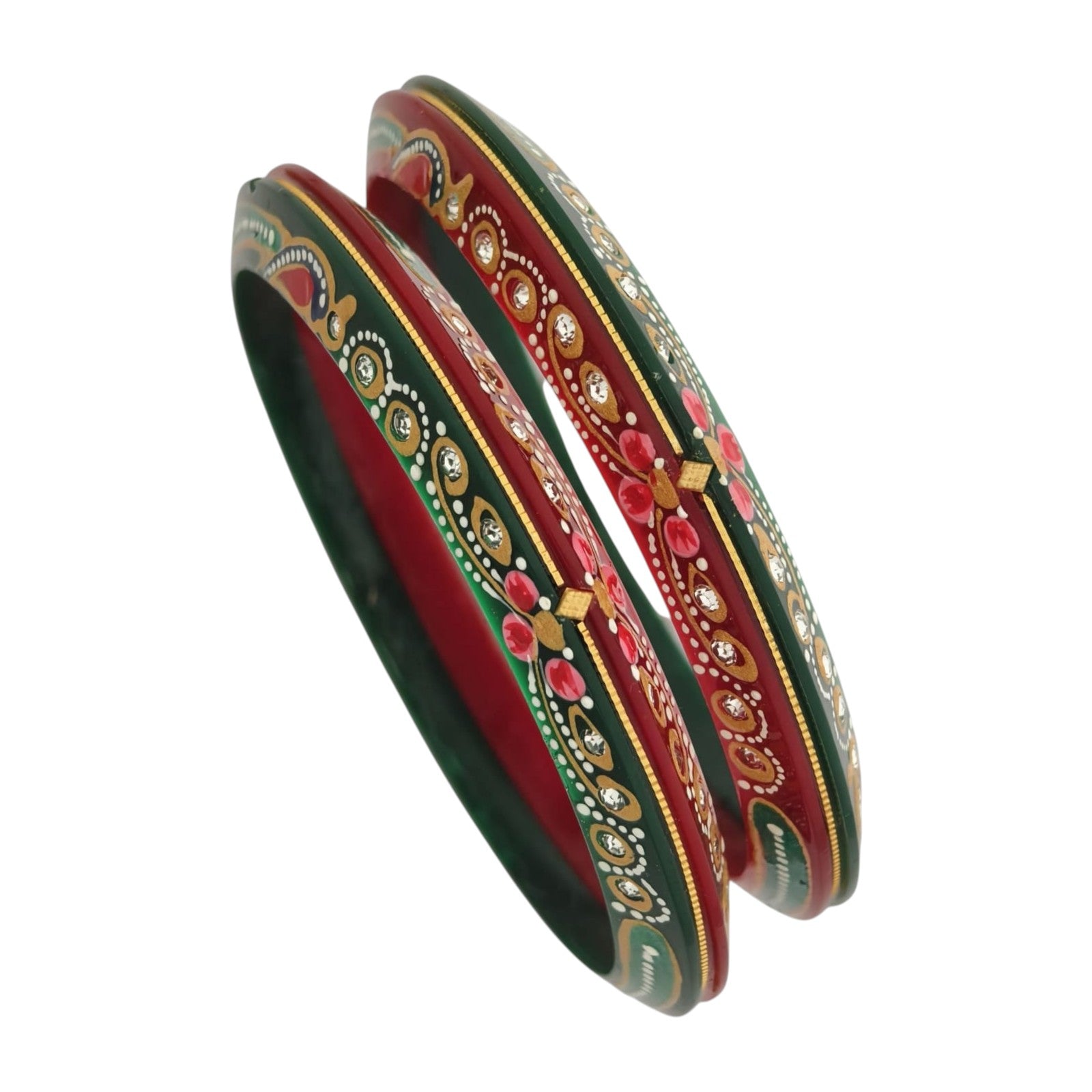 22kt (916) Yellow Gold Handmade Jodhpuri Printed Red And Green Pola Bangles Flower Design for Women with Purity Certificate (Set of 2pcs)