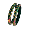 22kt (916) Yellow Gold Handmade Jodhpuri Printed Green Pola Bangles Flower Design for Women with Purity Certificate (Set of 2pcs)
