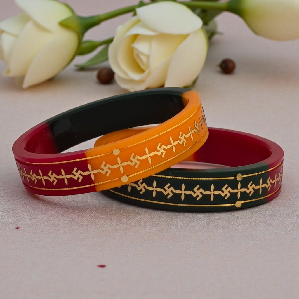 22kt (916) Yellow Gold Handmade Multicolor Pola Bangles Flower Design for Women with Purity Certificate ((Multicolor Mono Swastik,Set of 2pcs)