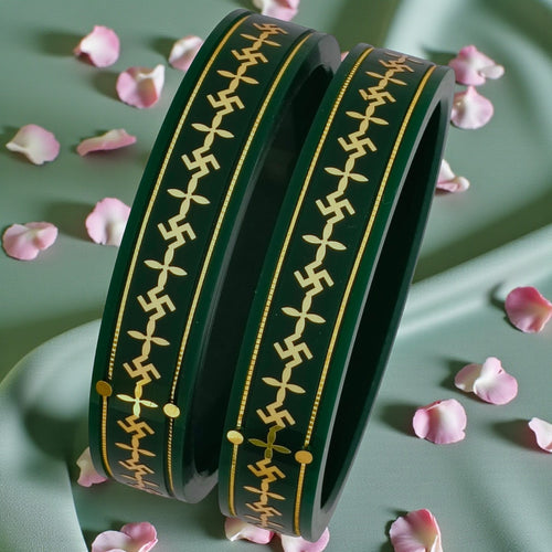 22kt (916) Yellow Gold Handmade Green Pola Bangles Flower Design for Women with Purity Certificate ((Green Mono Swastik,Set of 2pcs)