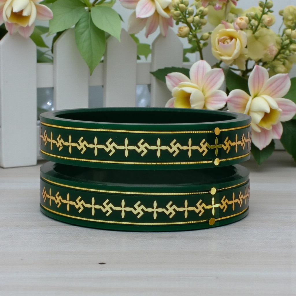 22kt (916) Yellow Gold Handmade Green Pola Bangles Flower Design for Women with Purity Certificate ((Green Mono Swastik,Set of 2pcs)