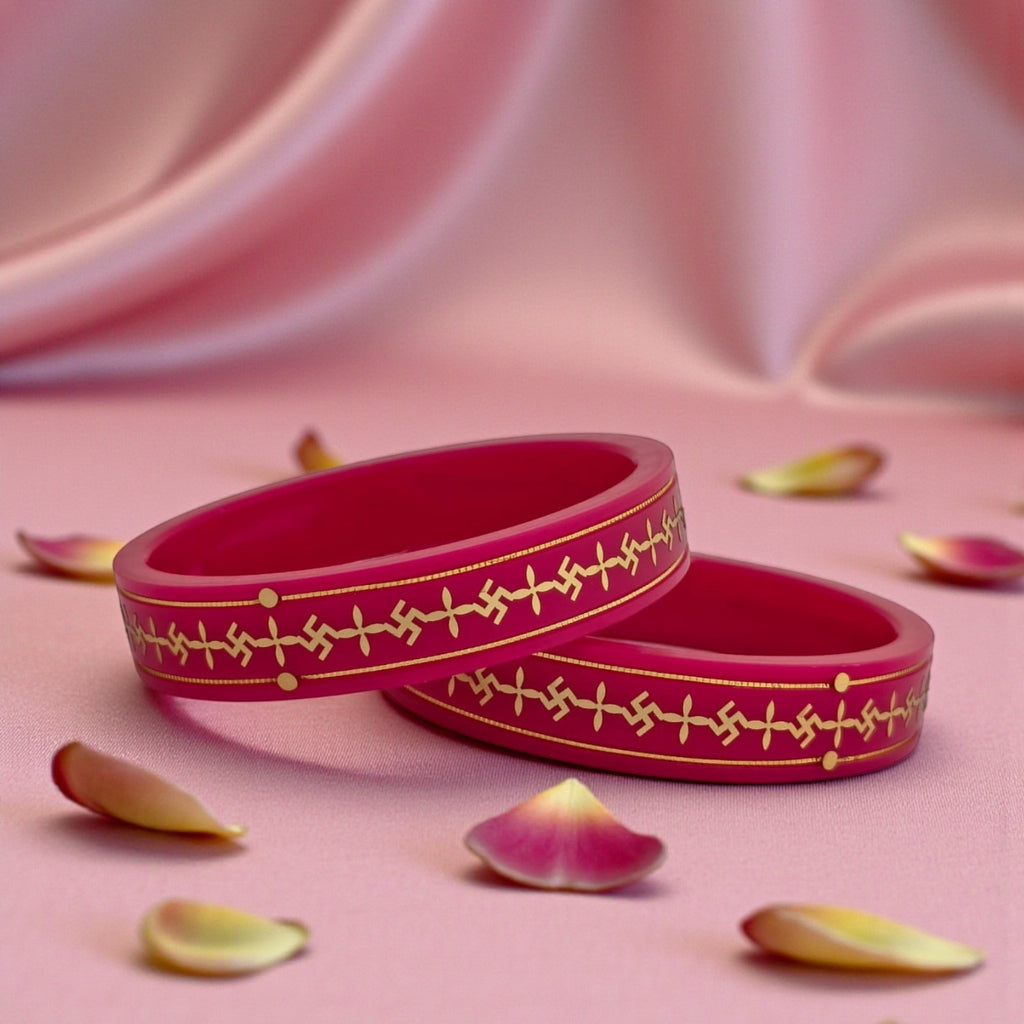 22kt (916) Yellow Gold Handmade Pink Pola Bangles Flower Design for Women with Purity Certificate ((Pink Mono Swastik,Set of 2pcs)