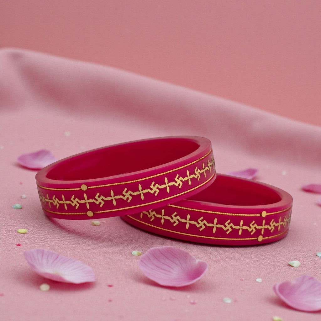 22kt (916) Yellow Gold Handmade Pink Pola Bangles Flower Design for Women with Purity Certificate ((Pink Mono Swastik,Set of 2pcs)