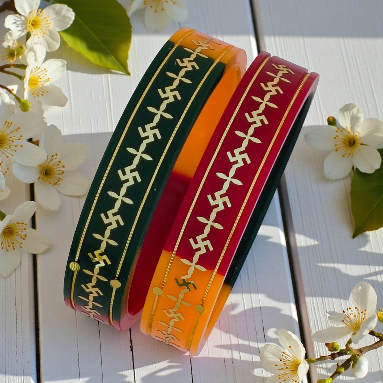 22kt (916) Yellow Gold Handmade Multicolor Pola Bangles Flower Design for Women with Purity Certificate ((Multicolor Mono Swastik,Set of 2pcs)