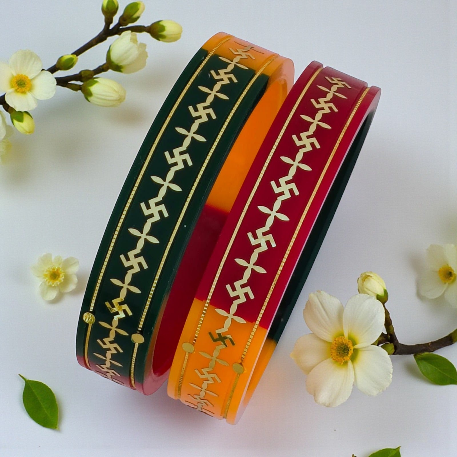 22kt (916) Yellow Gold Handmade Multicolor Pola Bangles Flower Design for Women with Purity Certificate ((Multicolor Mono Swastik,Set of 2pcs)