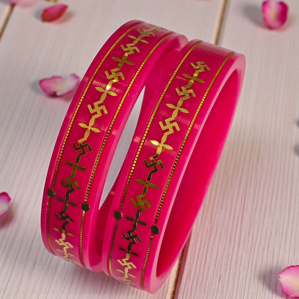 22kt (916) Yellow Gold Handmade Pink Pola Bangles Flower Design for Women with Purity Certificate ((Pink Mono Swastik,Set of 2pcs)