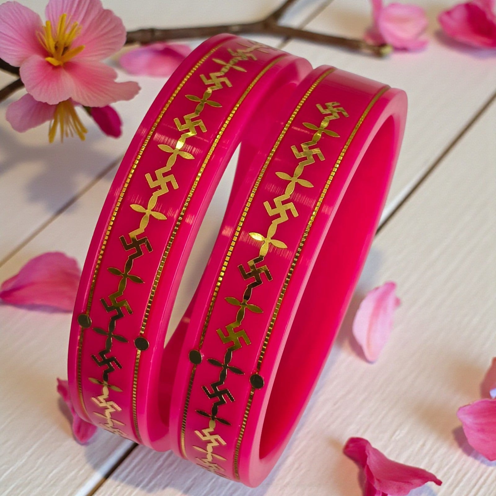 22kt (916) Yellow Gold Handmade Pink Pola Bangles Flower Design for Women with Purity Certificate ((Pink Mono Swastik,Set of 2pcs)