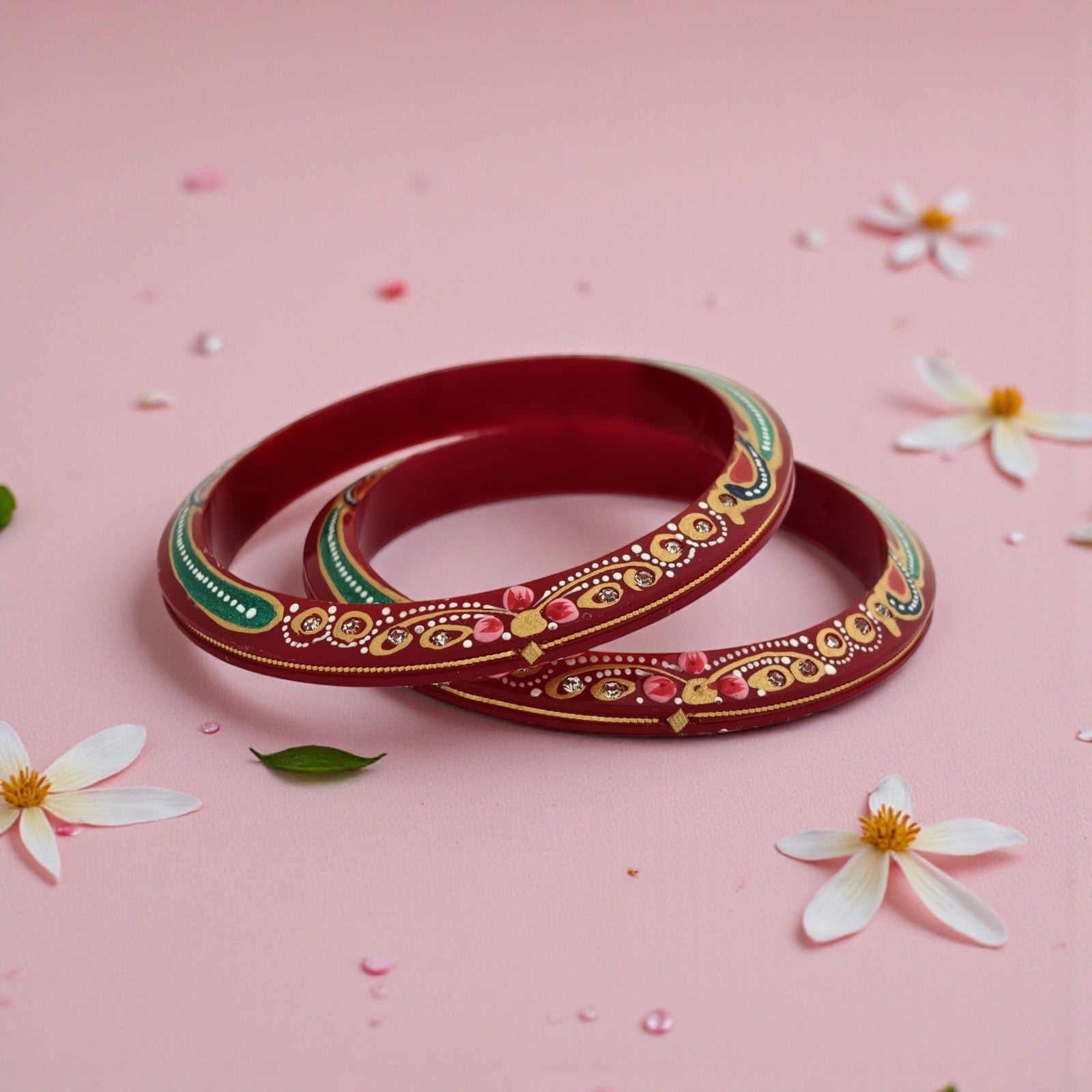 22kt (916) Yellow Gold Handmade Jodhpuri Printed Red Pola Bangles Flower Design for Women with Purity Certificate (Set of 2pcs)