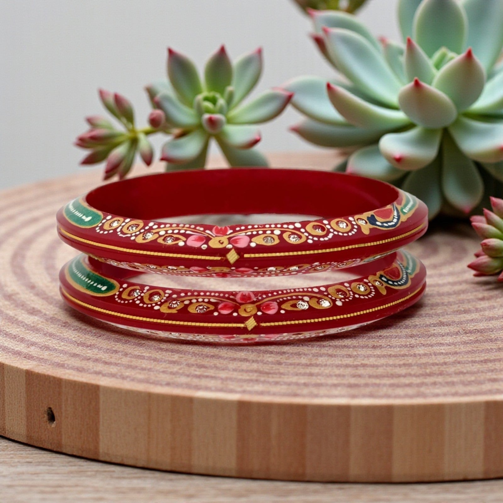 22kt (916) Yellow Gold Handmade Jodhpuri Printed Red Pola Bangles Flower Design for Women with Purity Certificate (Set of 2pcs)