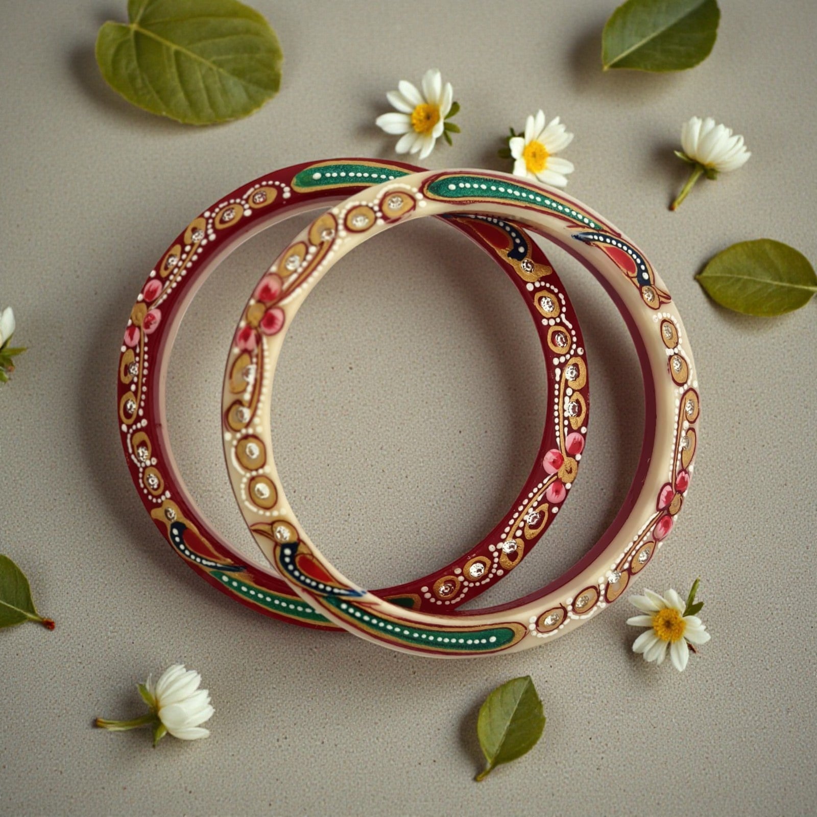 22kt (916) Yellow Gold Handmade Jodhpuri Printed Red And Cream Pola Bangles Flower Design for Women with Purity Certificate (Set of 2pcs)