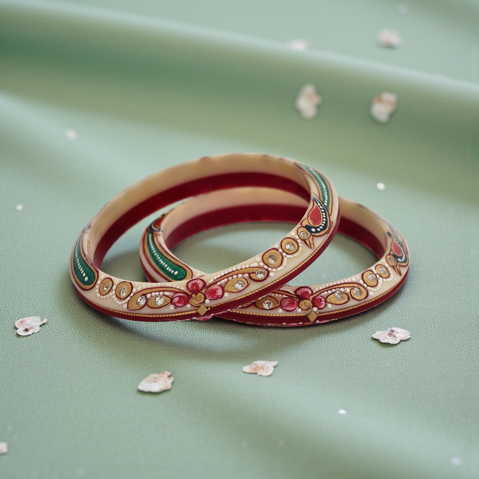 22kt (916) Yellow Gold Handmade Jodhpuri Printed Red And Cream Pola Bangles Flower Design for Women with Purity Certificate (Set of 2pcs)