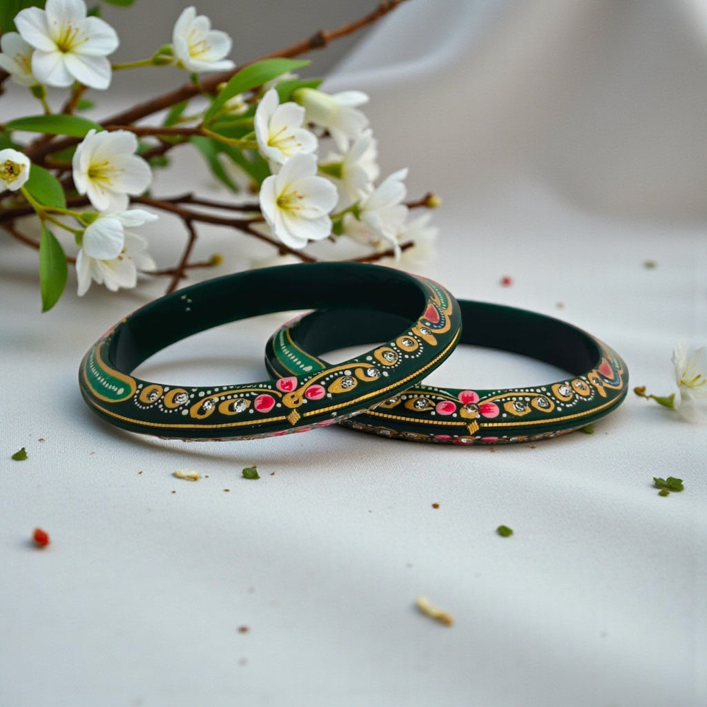 22kt (916) Yellow Gold Handmade Jodhpuri Printed Green Pola Bangles Flower Design for Women with Purity Certificate (Set of 2pcs)