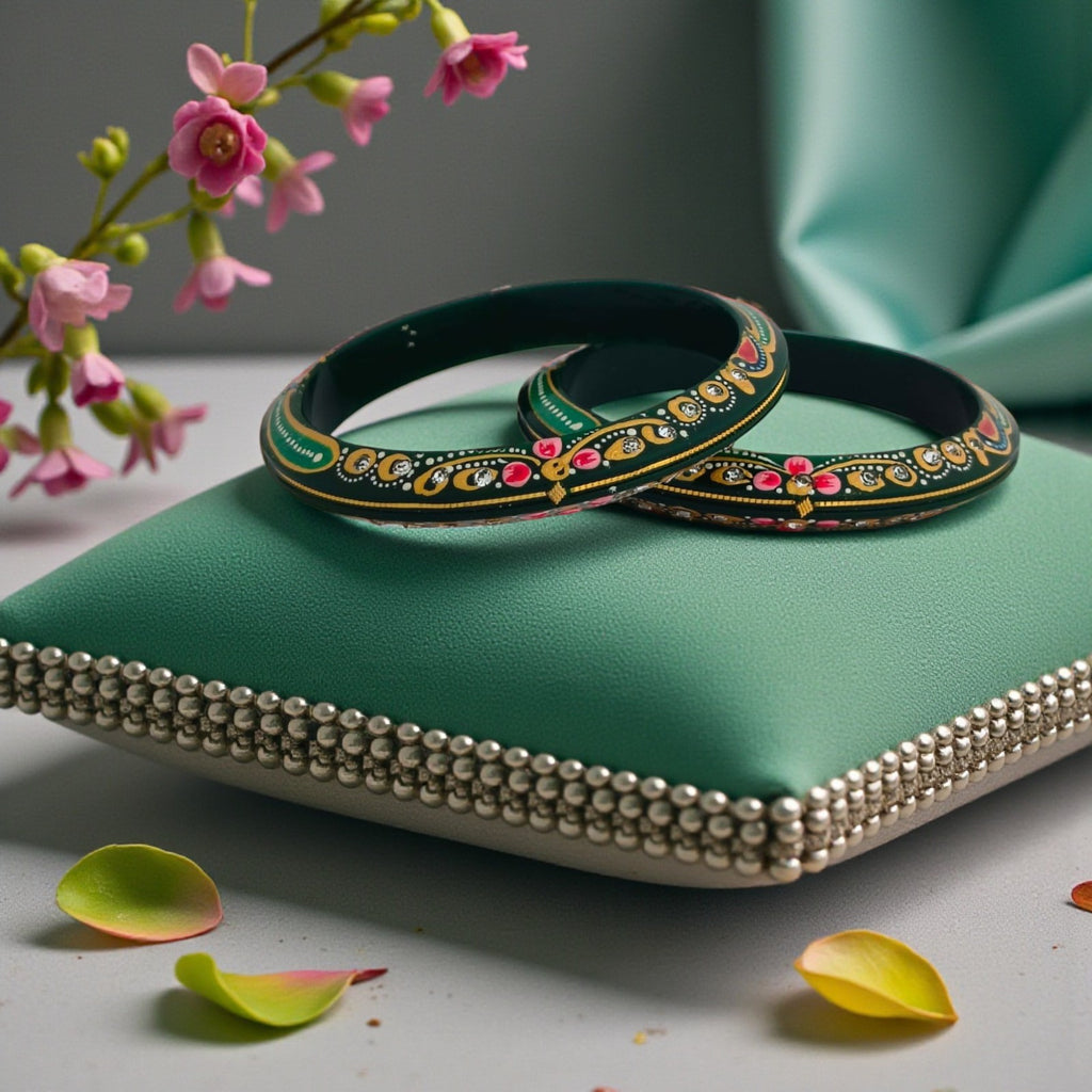 22kt (916) Yellow Gold Handmade Jodhpuri Printed Green Pola Bangles Flower Design for Women with Purity Certificate (Set of 2pcs)