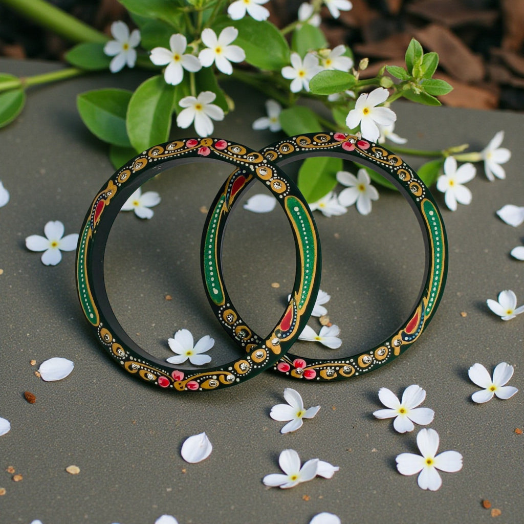 22kt (916) Yellow Gold Handmade Jodhpuri Printed Green Pola Bangles Flower Design for Women with Purity Certificate (Set of 2pcs)