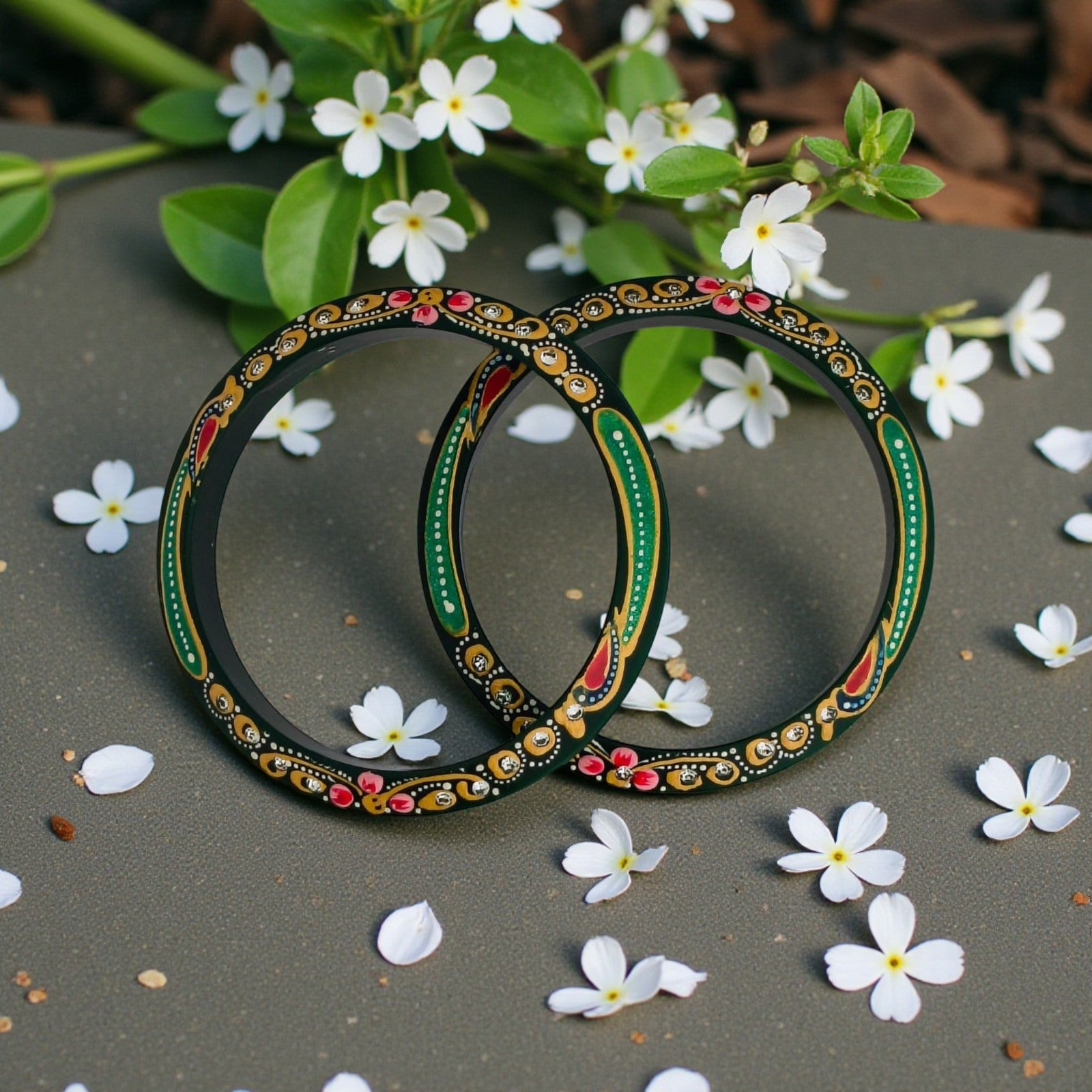 22kt (916) Yellow Gold Handmade Jodhpuri Printed Green Pola Bangles Flower Design for Women with Purity Certificate (Set of 2pcs)