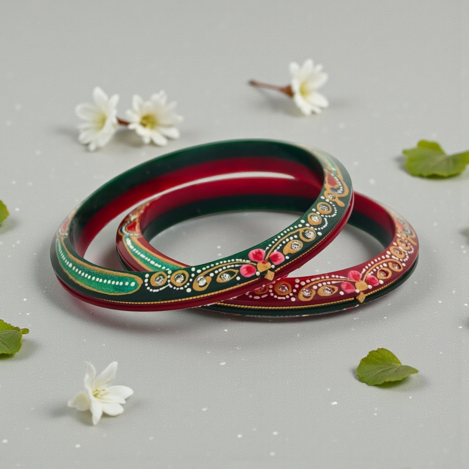 22kt (916) Yellow Gold Handmade Jodhpuri Printed Red And Green Pola Bangles Flower Design for Women with Purity Certificate (Set of 2pcs)
