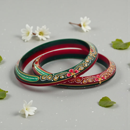 22kt (916) Yellow Gold Handmade Jodhpuri Printed Red And Green Pola Bangles Flower Design for Women with Purity Certificate (Set of 2pcs)