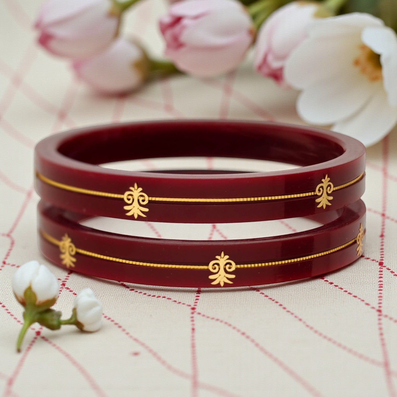22kt (916) Yellow Gold Handmade Maroon Pola Bangles Flower Design for Women with Purity Certificate (Set of 2pcs)