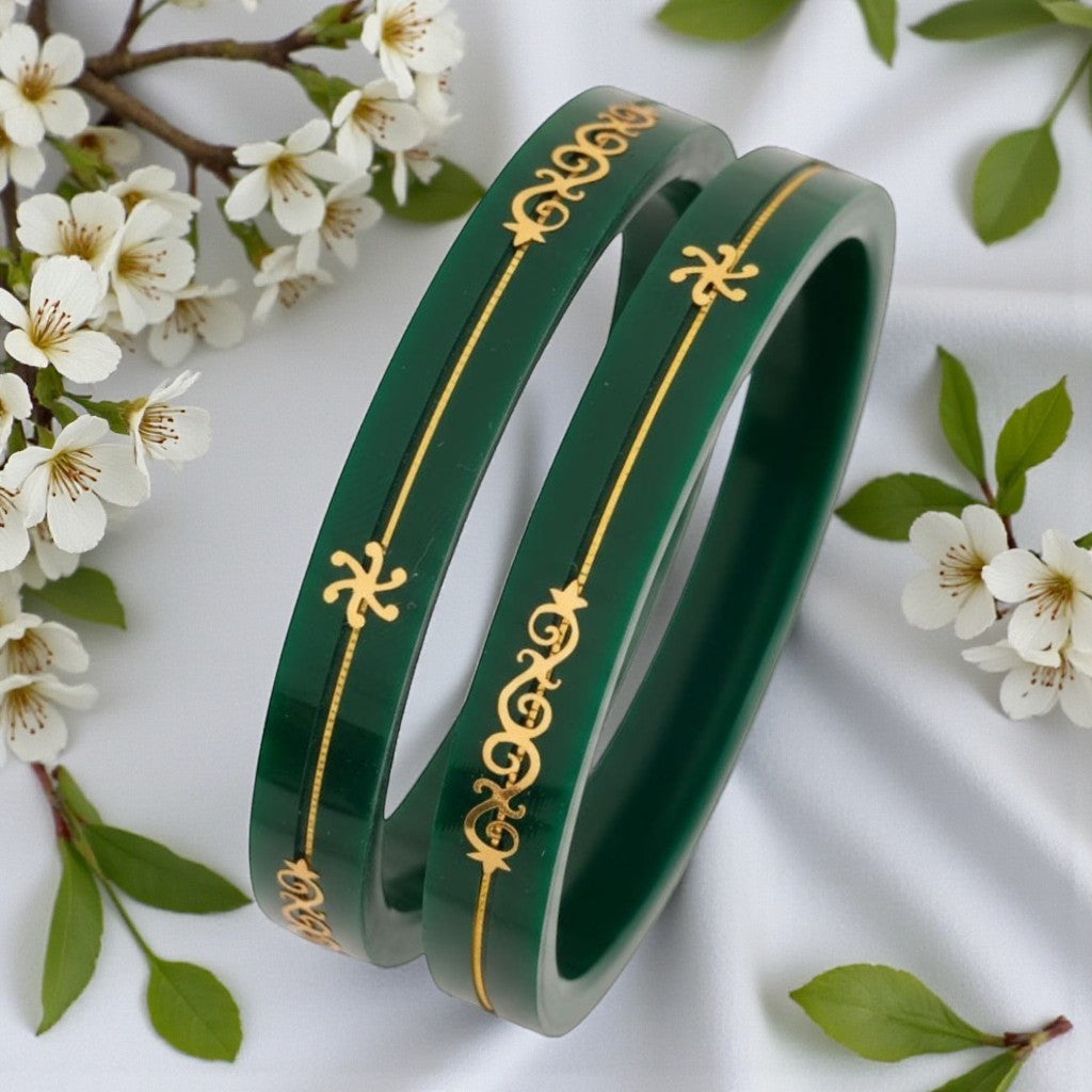 22kt (916) Yellow Gold Handmade Green Pola Bangles Flower Design for Women with Purity Certificate (Set of 2pcs)