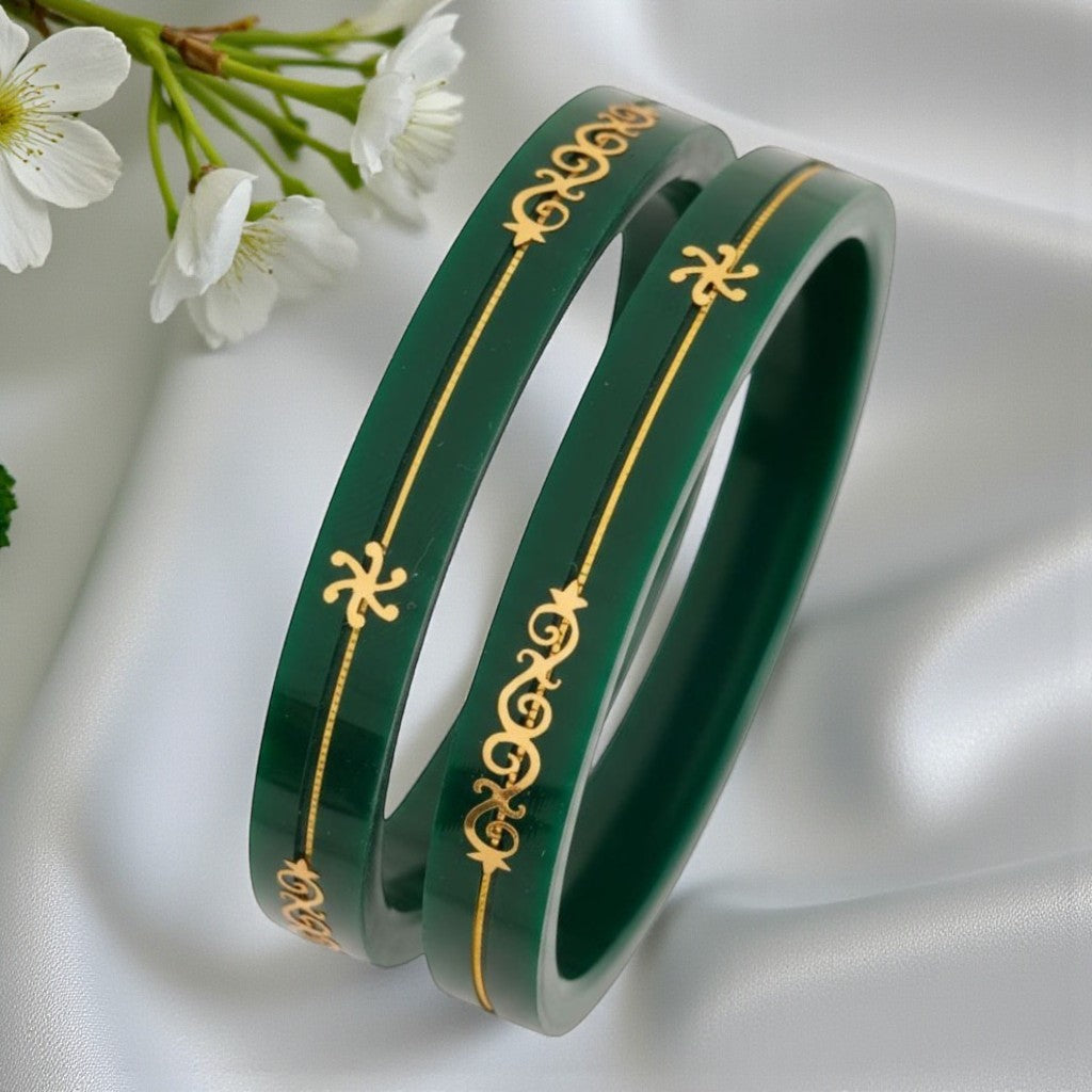 22kt (916) Yellow Gold Handmade Green Pola Bangles Flower Design for Women with Purity Certificate (Set of 2pcs)