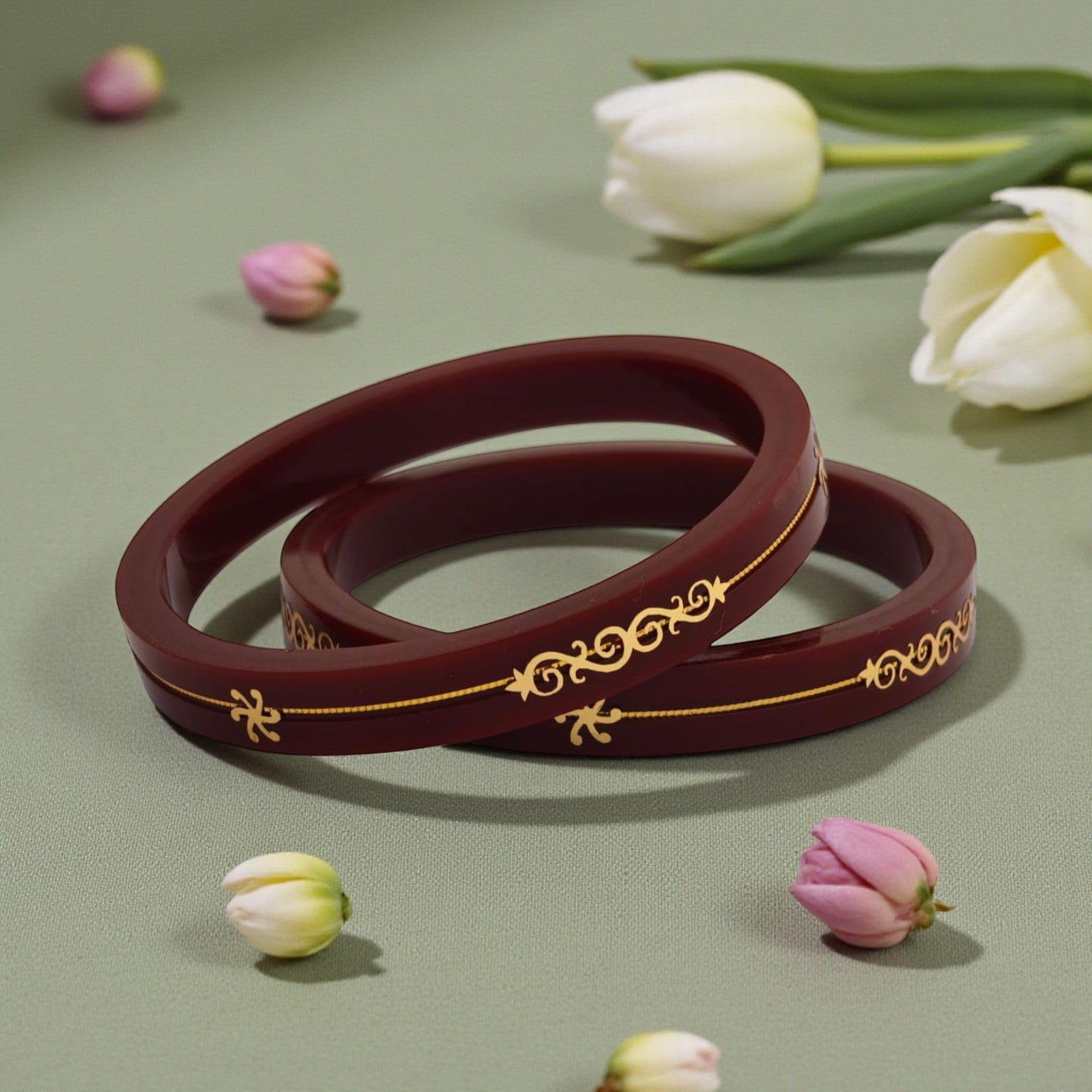 22kt (916) Yellow Gold Handmade Maroon Pola Bangles Flower Design for Women with Purity Certificate (Set of 2pcs)