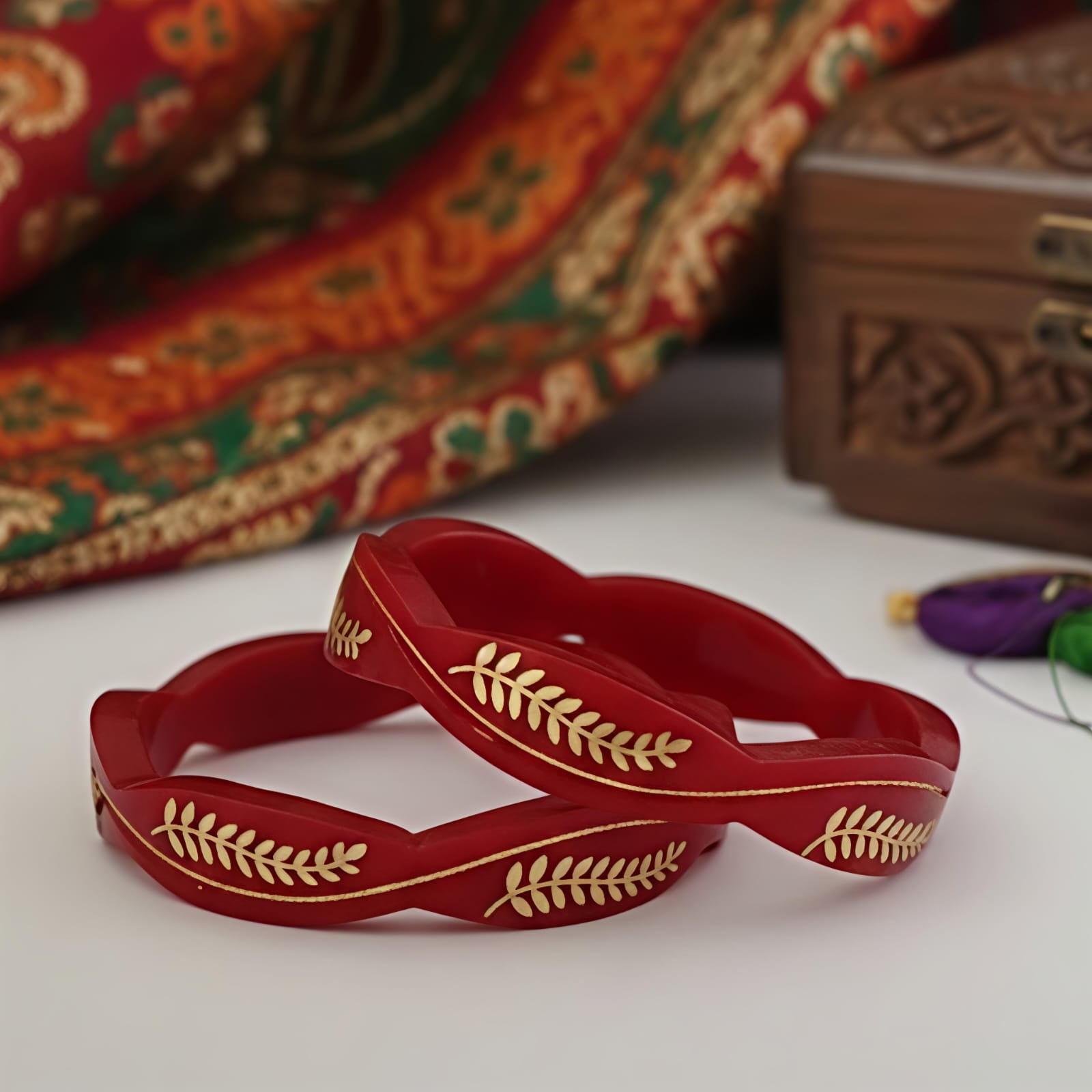 22kt (916) Yellow Gold Handmade Red Pola Bangles Flower Design for Women with Purity Certificate (Khajuri Red,Set of 2pcs)